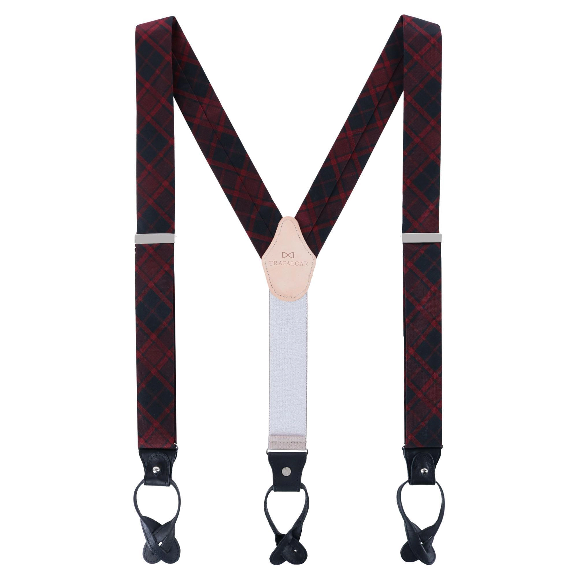 Trafalgar Men's Kincade Red Blackwatch Plaid Silk Button End Suspenders