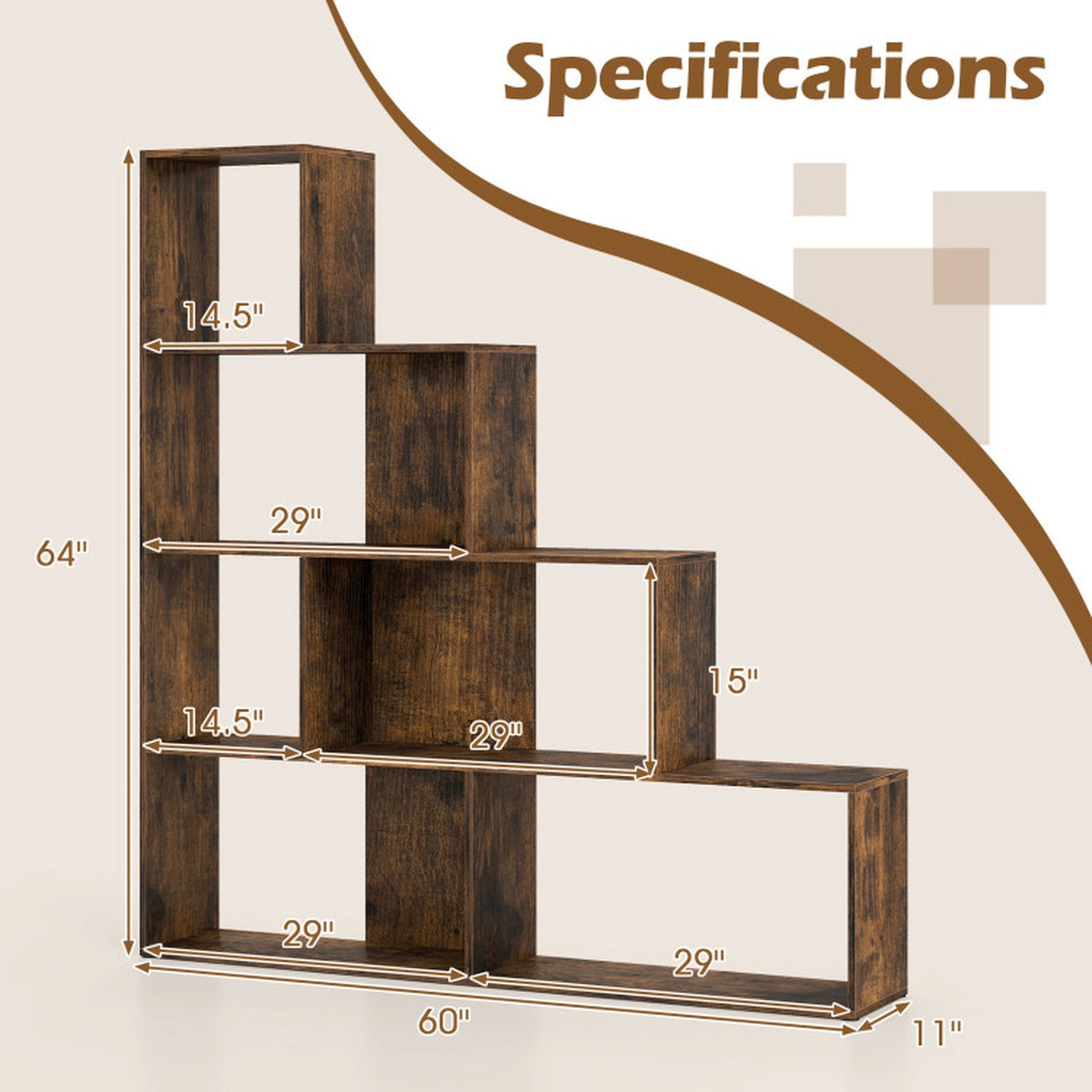 SUGIFT 4-Tier Rustic Brown 60-in Wide Stepped Bookshelf Room Divider with 6 Cubes and Freestanding Ladder