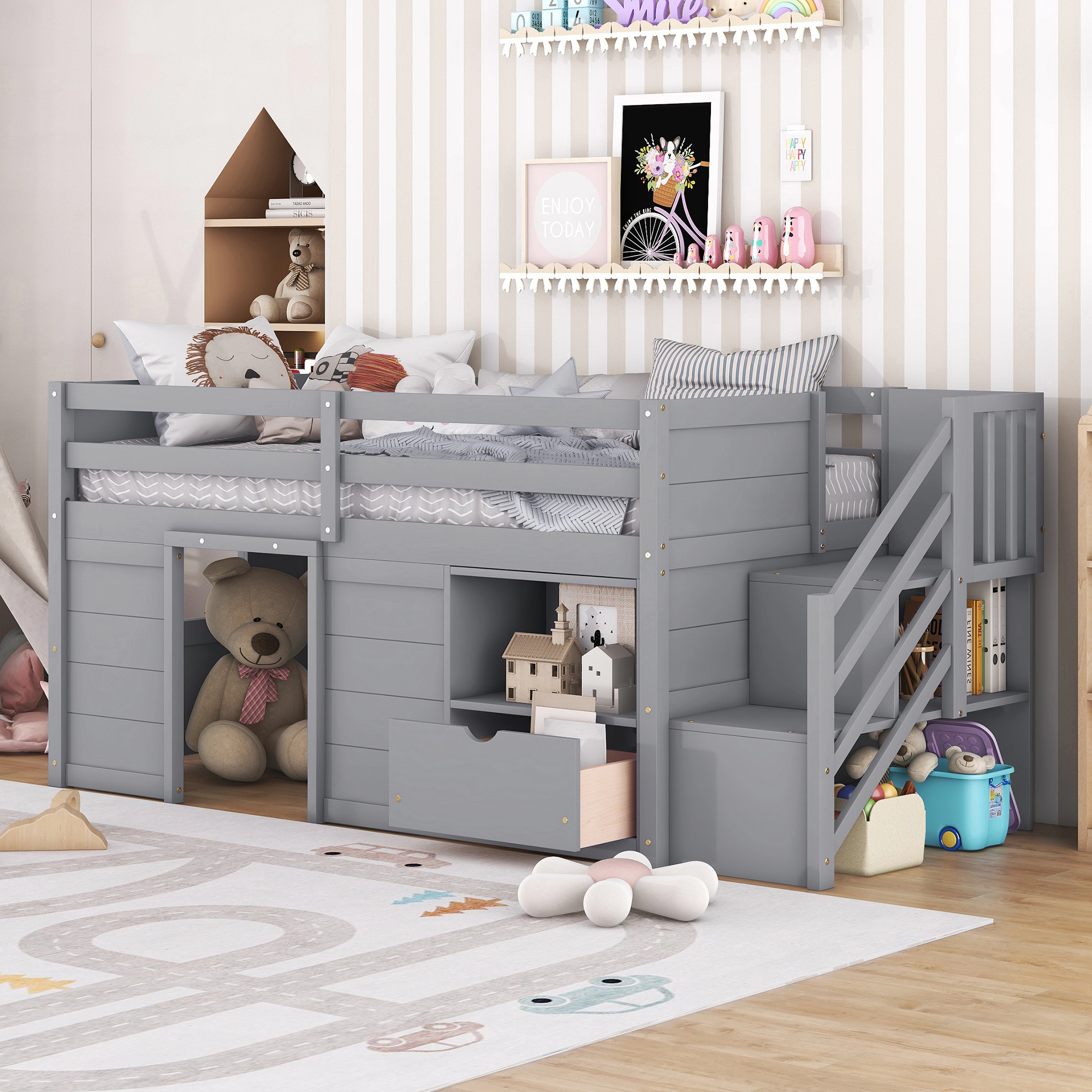 Flynama Twin Low Loft Bed, Solid Wood with Stair, Drawer & Shelf, Grey