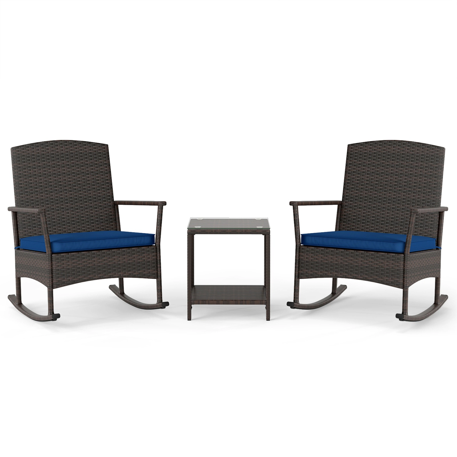 SUGIFT 3 Piece PE Rattan Patio Rocking Conversation Set 400-lb Rocking Chairs & 2-Tier Tempered Glass Coffee Table Navy