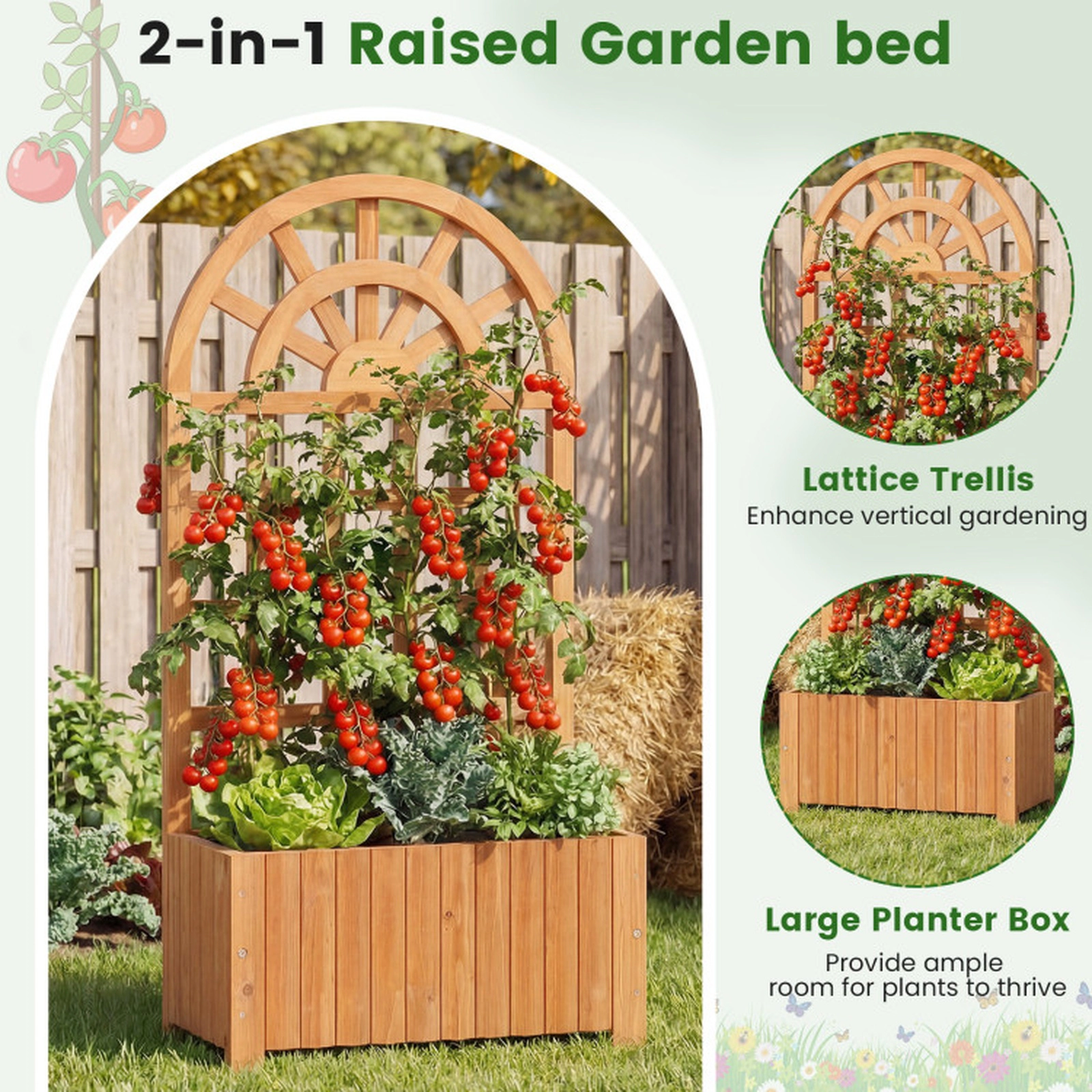 SUGIFT 48-in 66-lb Capacity Fir Wood Raised Garden Bed with Lattice Trellis Rounded Roof and Detachable Base