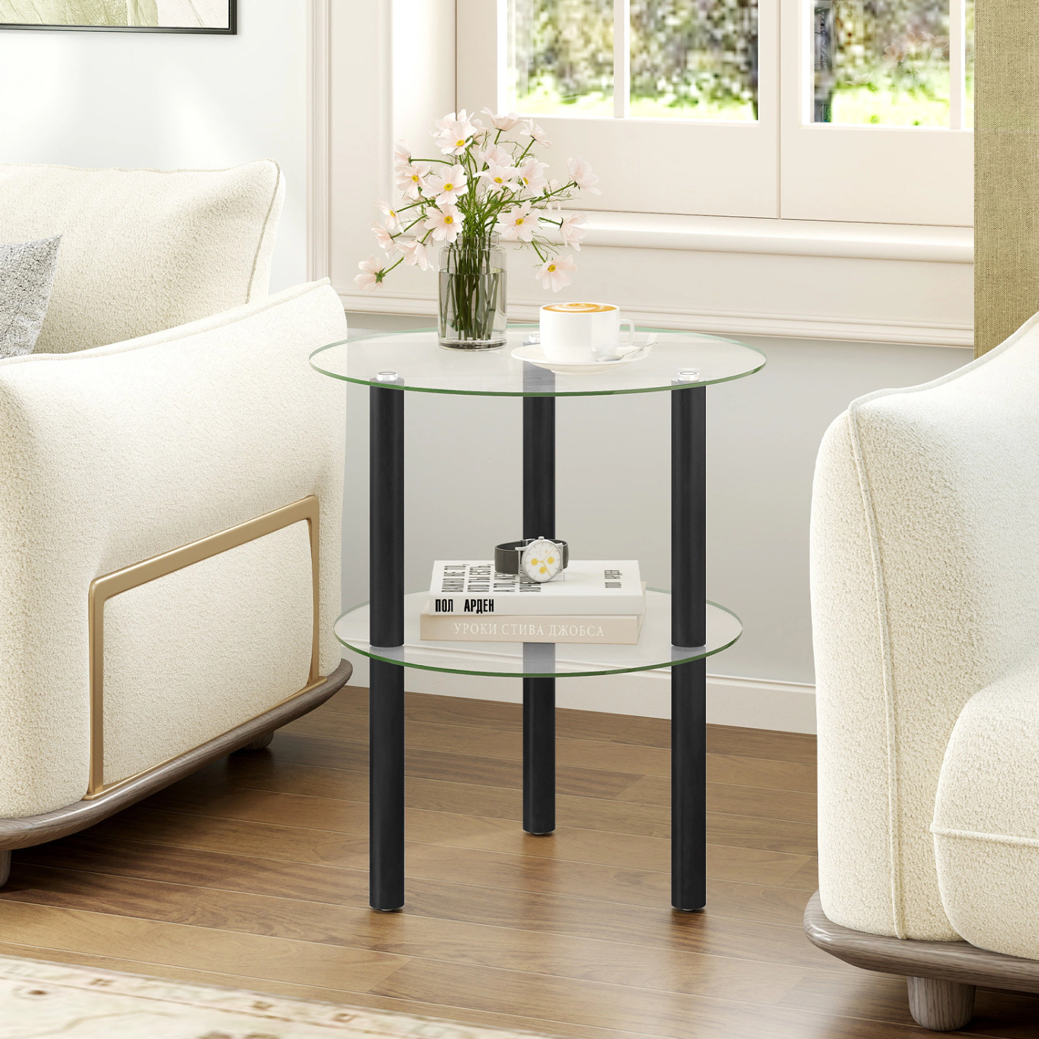 Glintex Round 2-Tier Clear Glass End Table with Rubber Wood Legs and No-Tool Setup