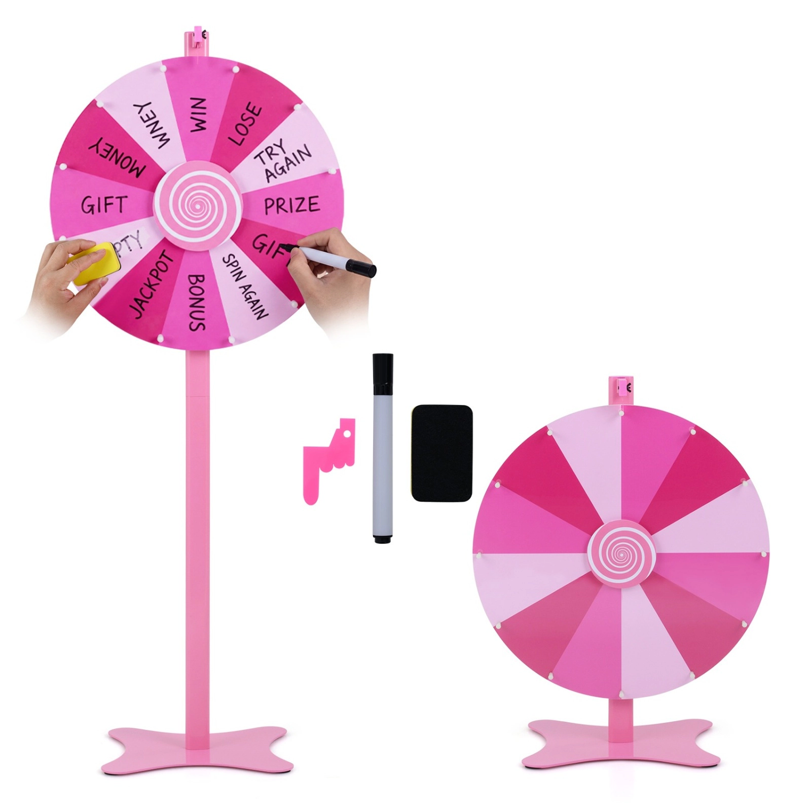 SUGIFT Adjustable 24-in Prize Wheel Game with Blackboard Marker and Eraser for Tabletop or Floor Use Pink