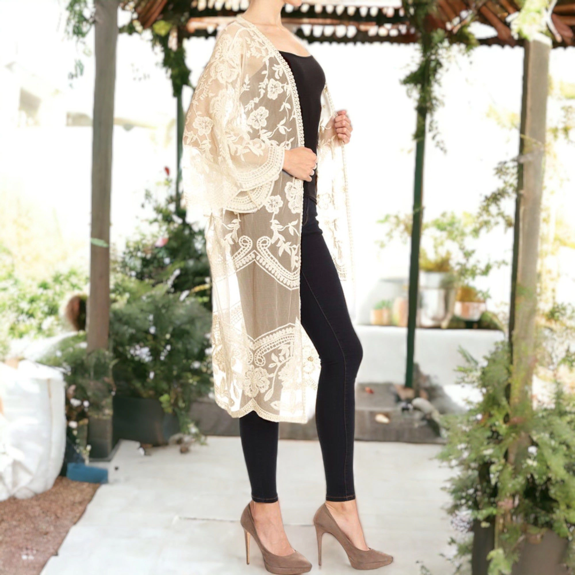 Anna-Kaci Women's Embroidered Floral Butterfly Crochet Drop Shoulder Cardigan