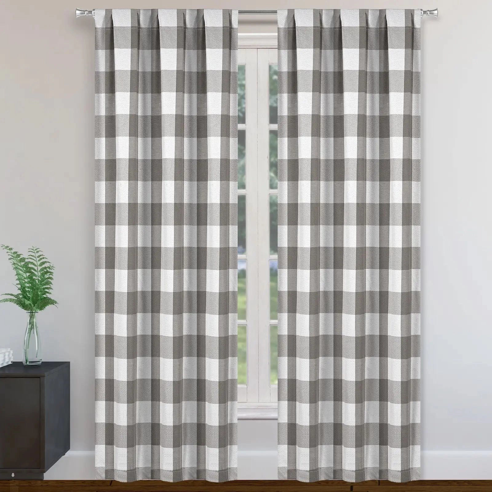 Kate Aurora 2 Piece Country Farmhouse Gray Buffalo Plaid Pleated Rod Pocket Window Curtain Panels