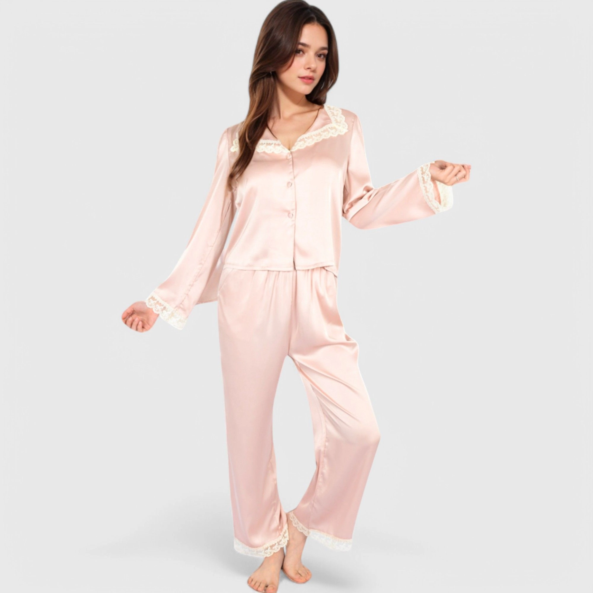 Anna-Kaci Women's Satin Pajama Set with Lace Trim and Button Up Long Sleeve Top