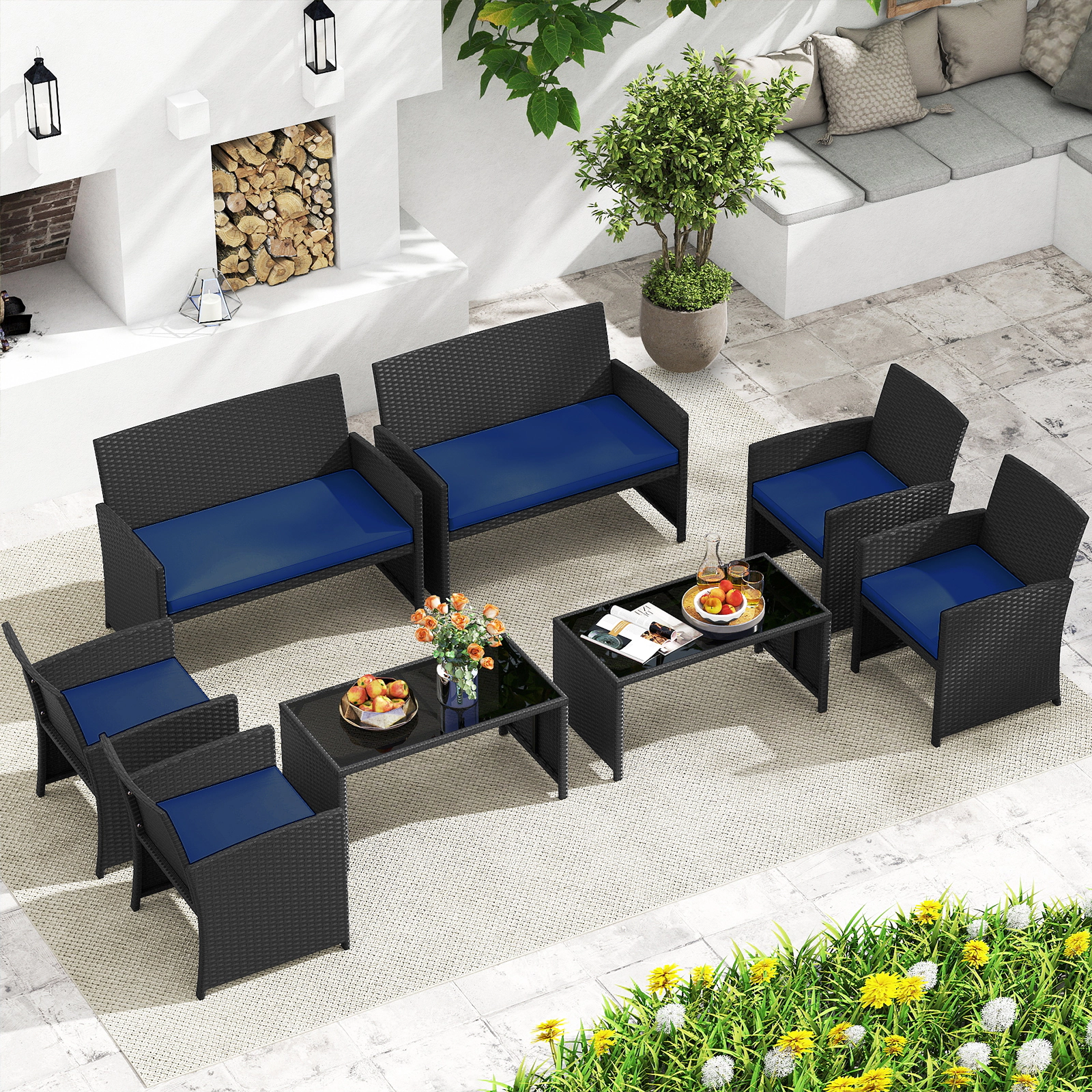 SUGIFT 4-Piece Rattan Patio Conversation Set with Tempered Glass Tabletop 400-800-lb Capacity Navy Cushions