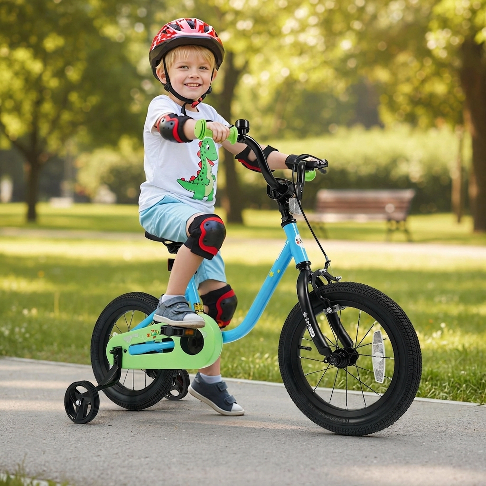 SUGIFT Kids Bicycle with Dual Brakes and Training Wheels 110-lb Capacity Ages 3-5 Years Blue + Green 14-Inch Wheels