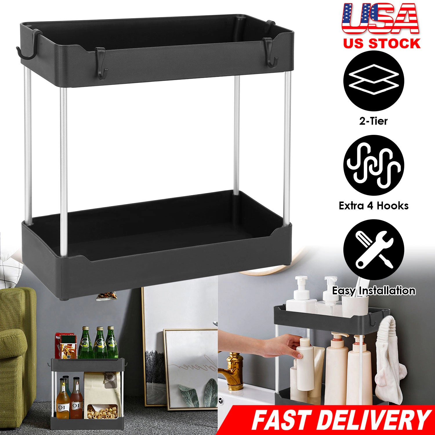GBruno 2-Tier Under Sink Organizer With 4 Hooks