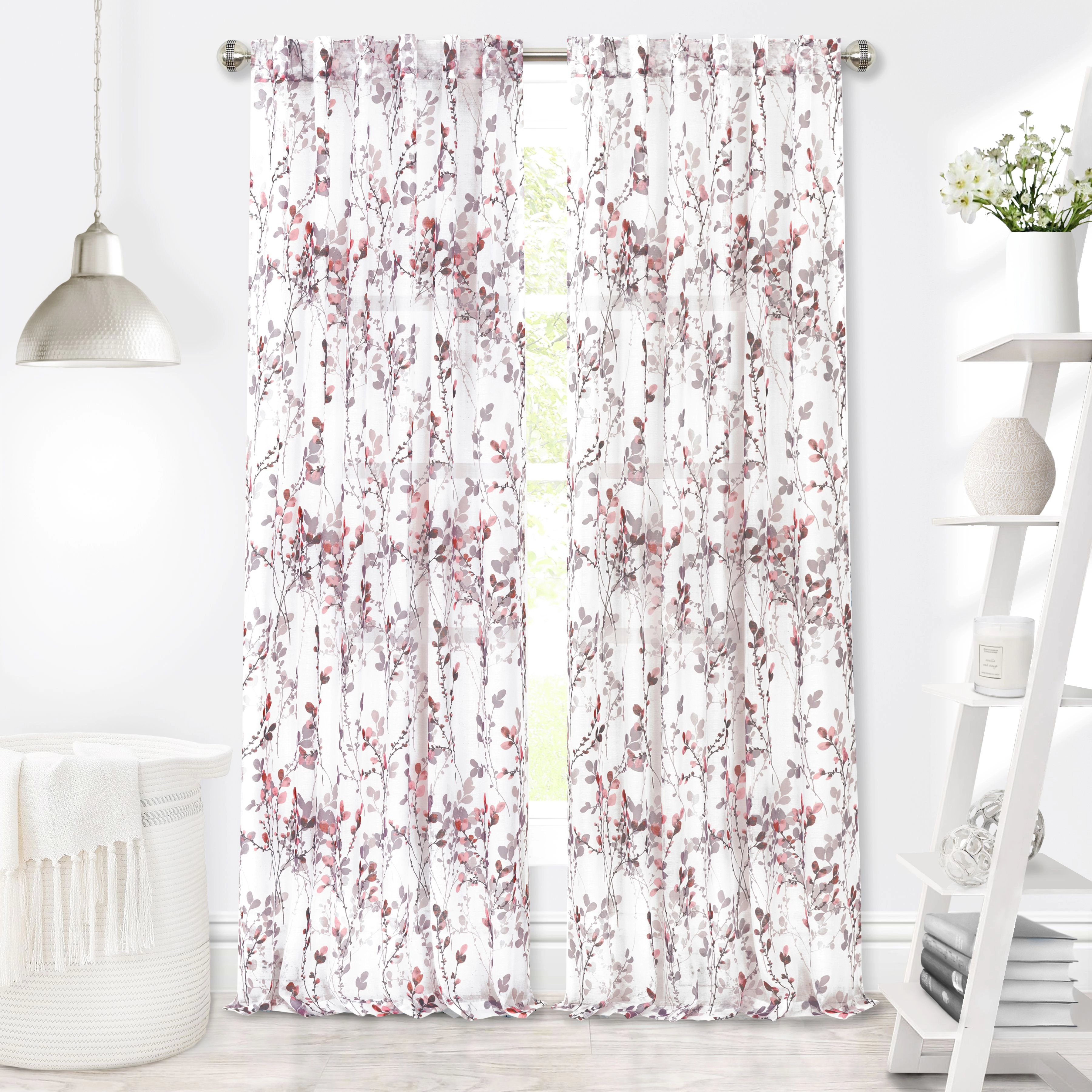 Kate Aurora 2 Piece Shabby Chic Cherry Blossom Designed Airy Sheer Rod Pocket & Back Tab Curtain Panels