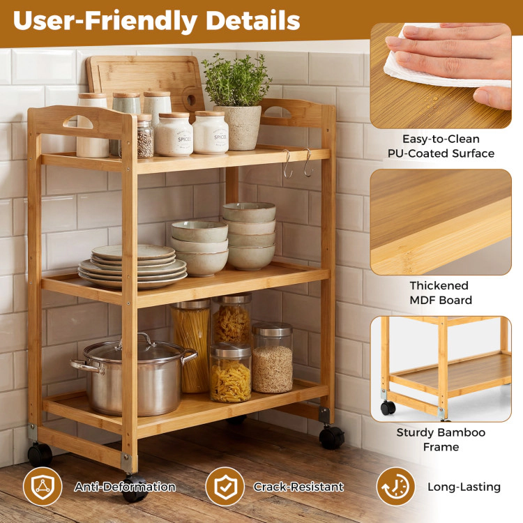 Hivvago 3-Tier Storage Rolling Cart Bamboo Utility Cart with 4 Universal Wheels