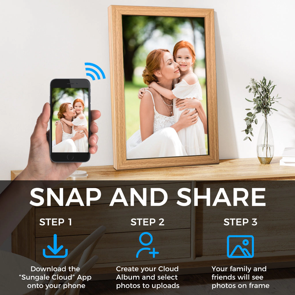 Sungale 21 Inch 1920x1080, Easy PhotoShare APP, 20GB Cloud Storage - Wooden Cloud Frame