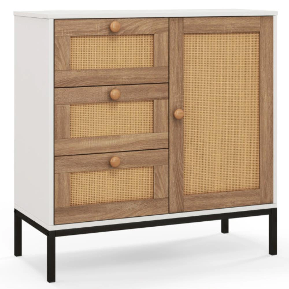 Hivvago Rattan Sideboard Buffet Cabinet With 1 Door And 3 Drawers-White