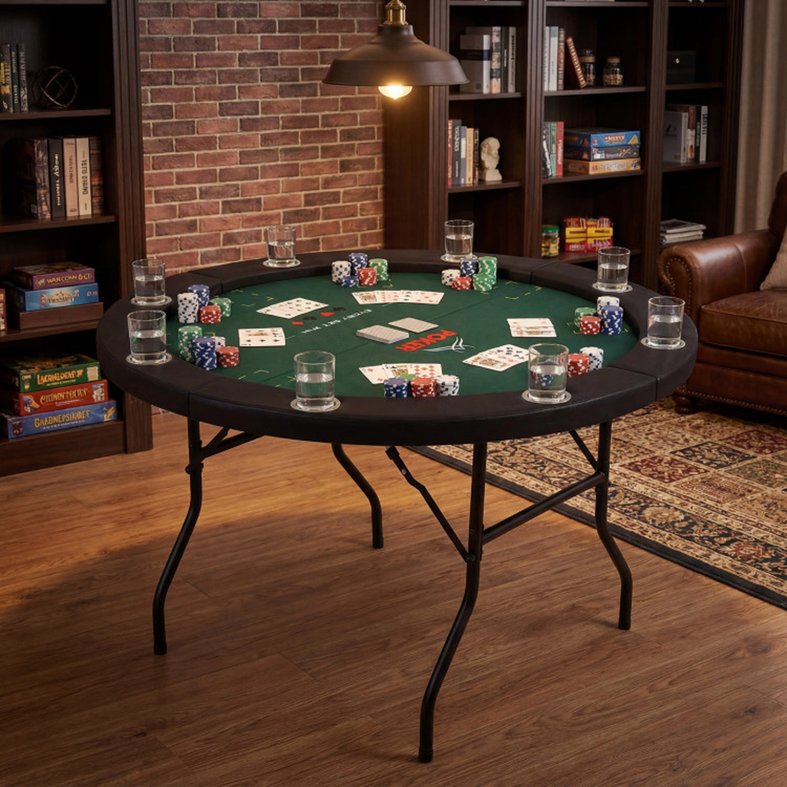 SUGIFT Green Round Foldable Poker Table with 8 Cup Holders and Padded Edges 48-in Dia 30-in H 220-lb Top Capacity