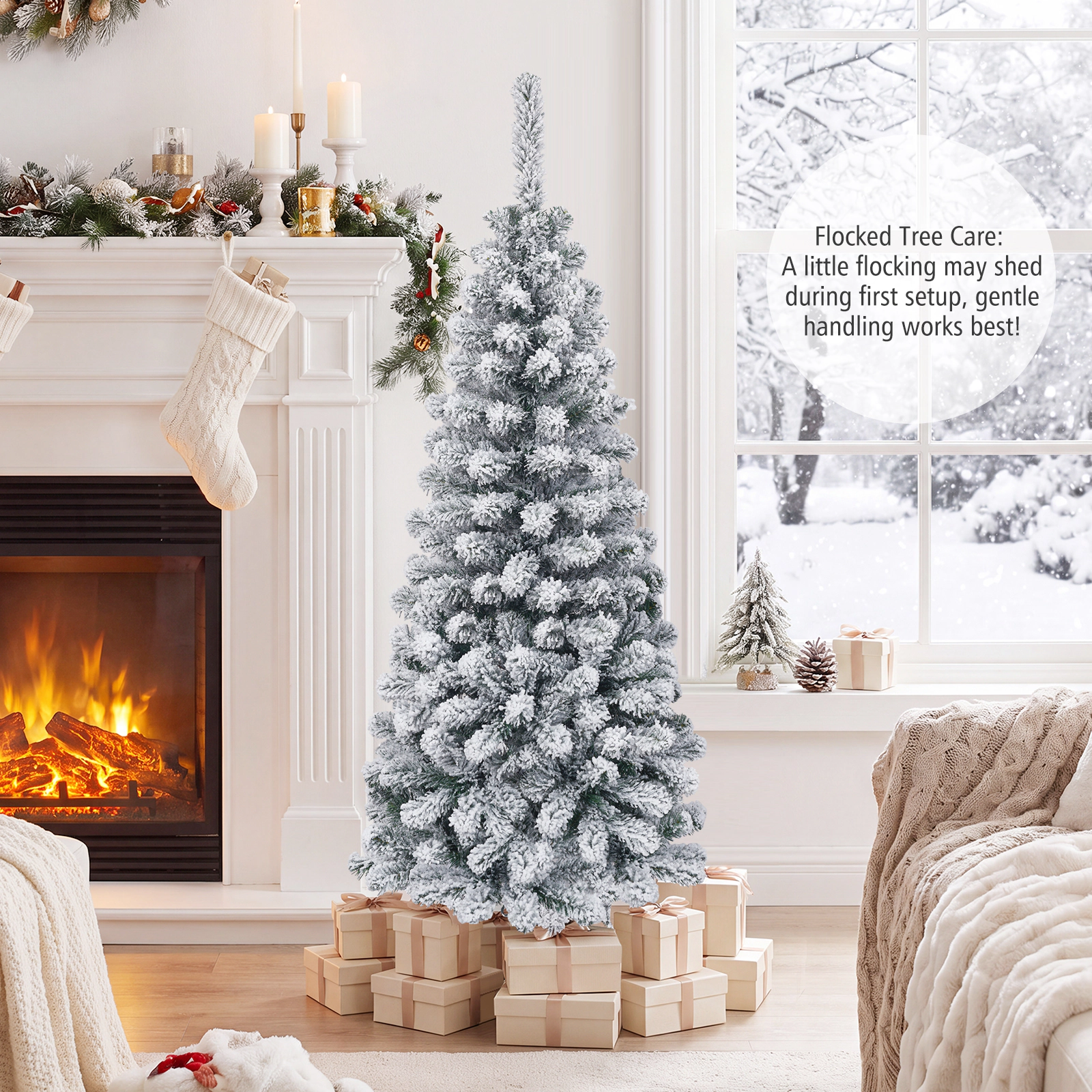 Costway 6 FT Unlit Flocked Pencil Christmas Tree Hinged with 500 Branch Tips