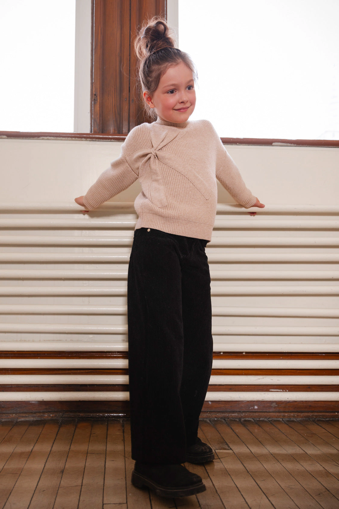 Deux par Girls Ribbed Knit Sweater with Dimensional Bow