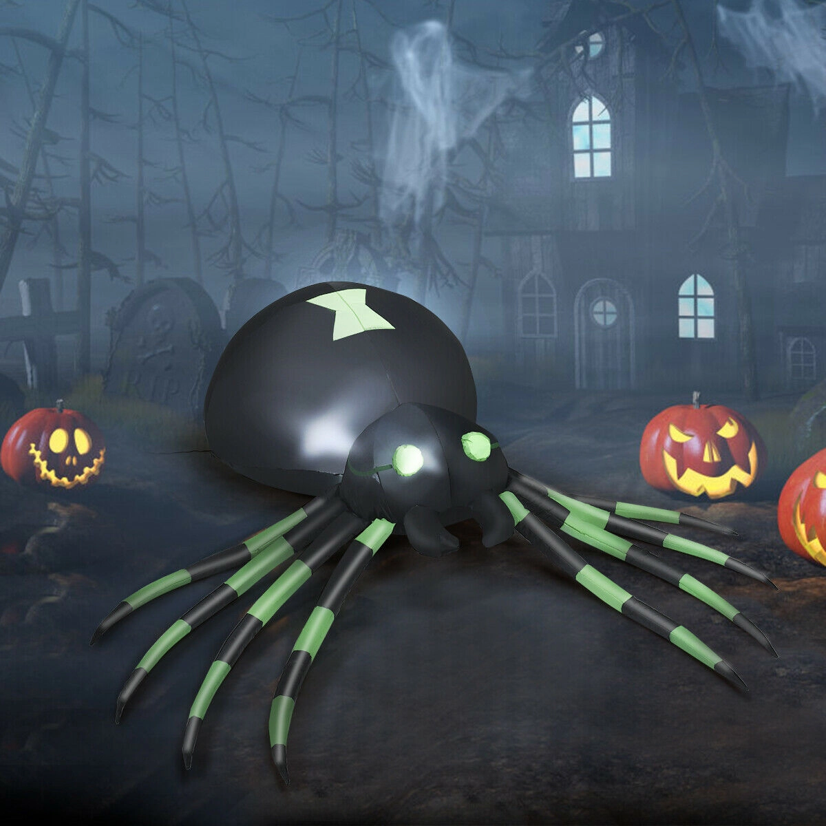 Glintex 6-Ft Halloween Inflatable Spider with LED Bulb and Ground Stakes, Black