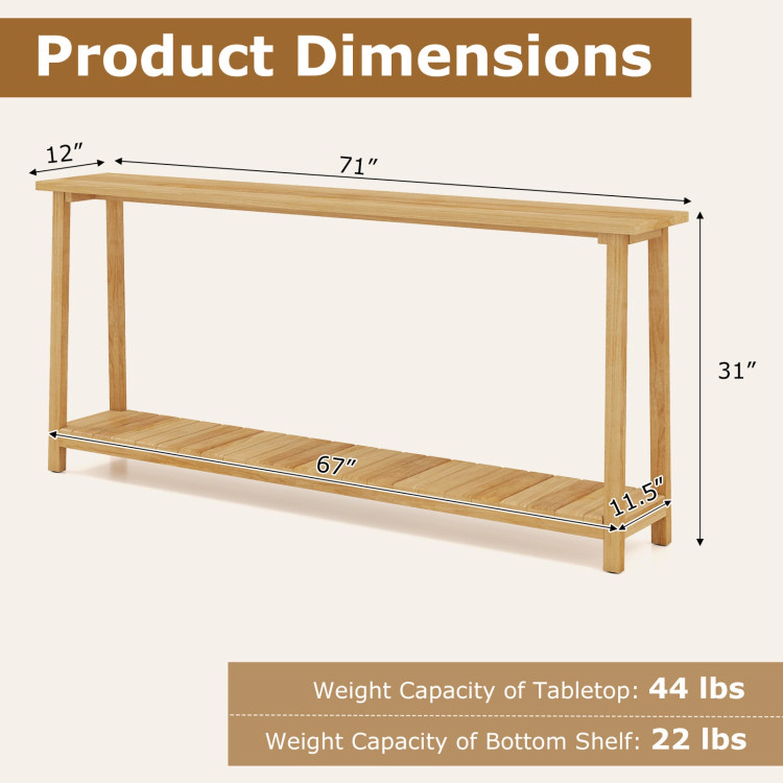 SUGIFT 71-in Long 12-in Narrow Natural Teak Wood 2-Tier Sofa Console Table with 67-in Bottom Shelf
