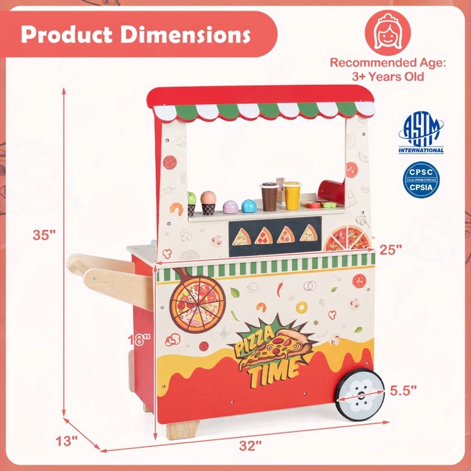 SUGIFT Wooden Pizza Food Truck Pretend Play Snack Cart with Oven Ages 3+ Pink with 40-Piece Accessory Set