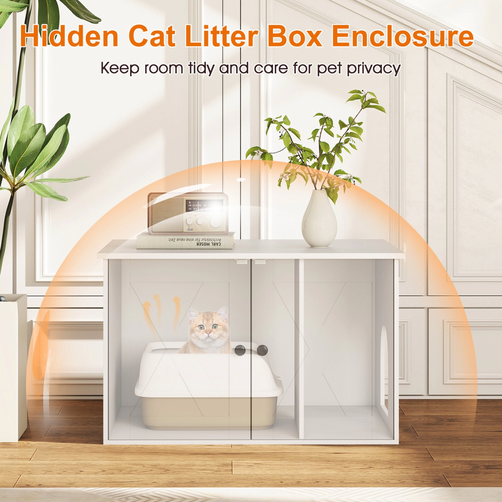 SUGIFT White Hidden Cat Litter Box Enclosure with Divider 31.5-in W 21-in D 20-in H 66-lb Tabletop Capacity