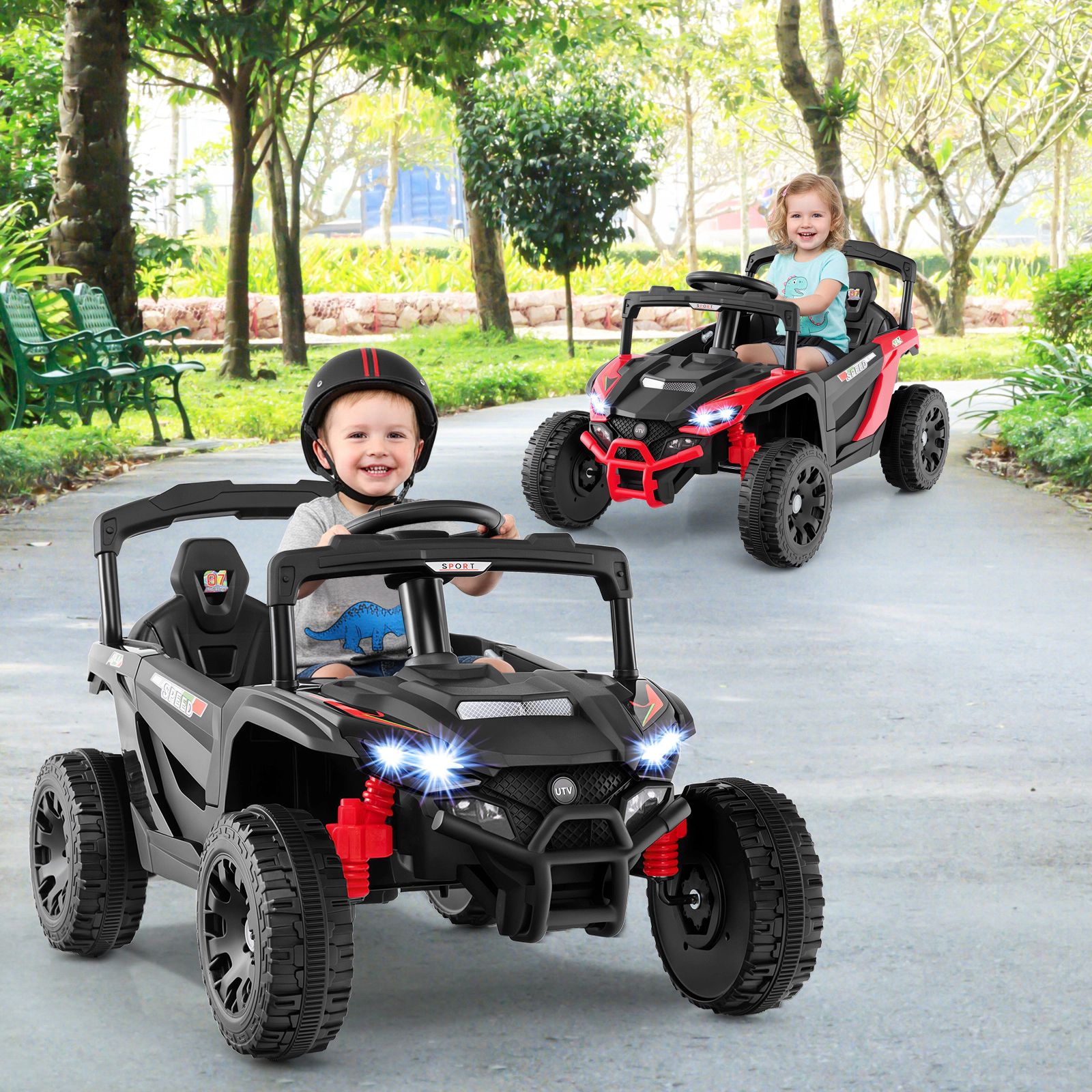 12V Kids Ride On UTV with Parent Remote Emergency Brake Lockable Doors Spring Suspension and LED Lights Ages 3+ Black