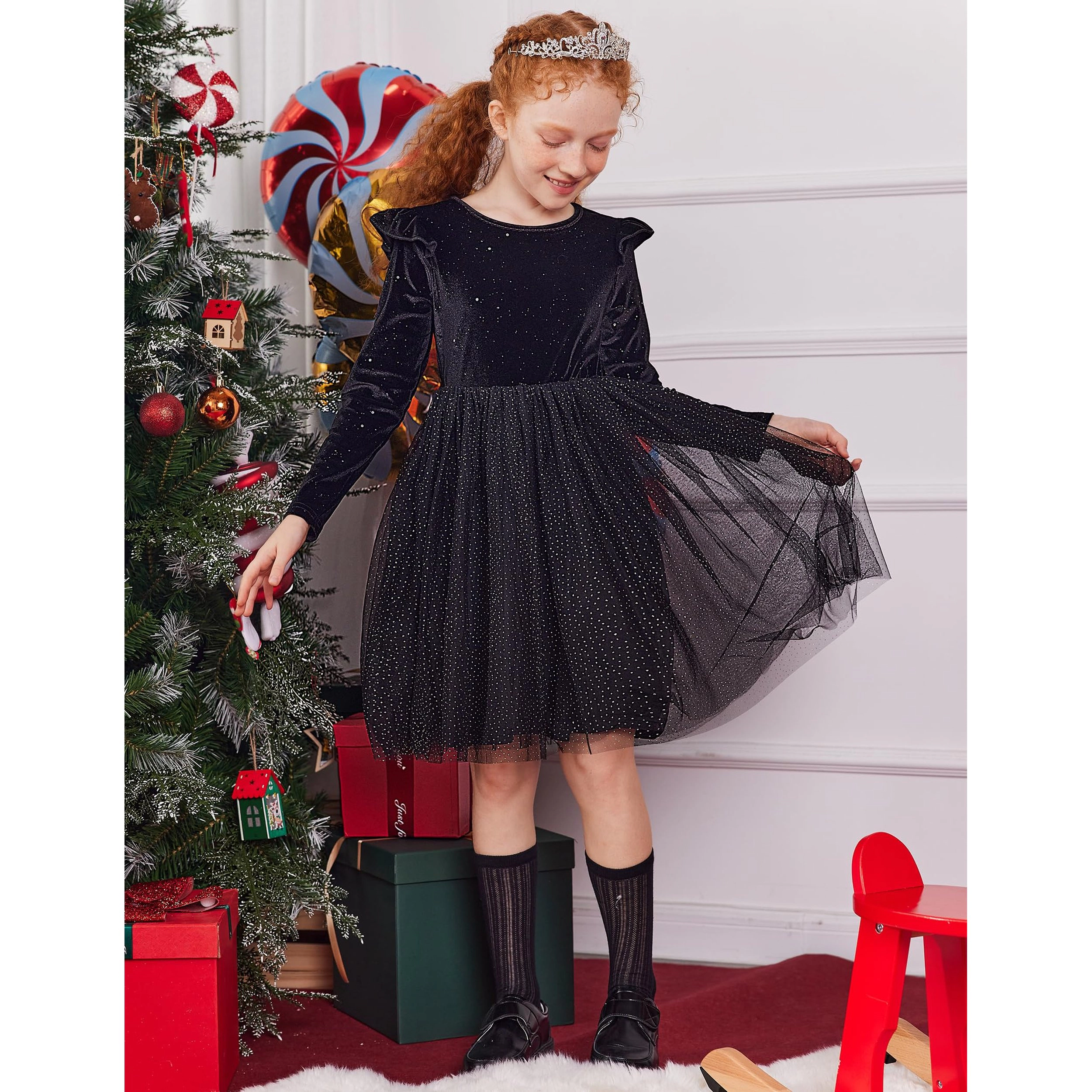 Arshiner Girl Dress Tutu Velvet Tulle Long Sleeve Special Occasion Dresses
