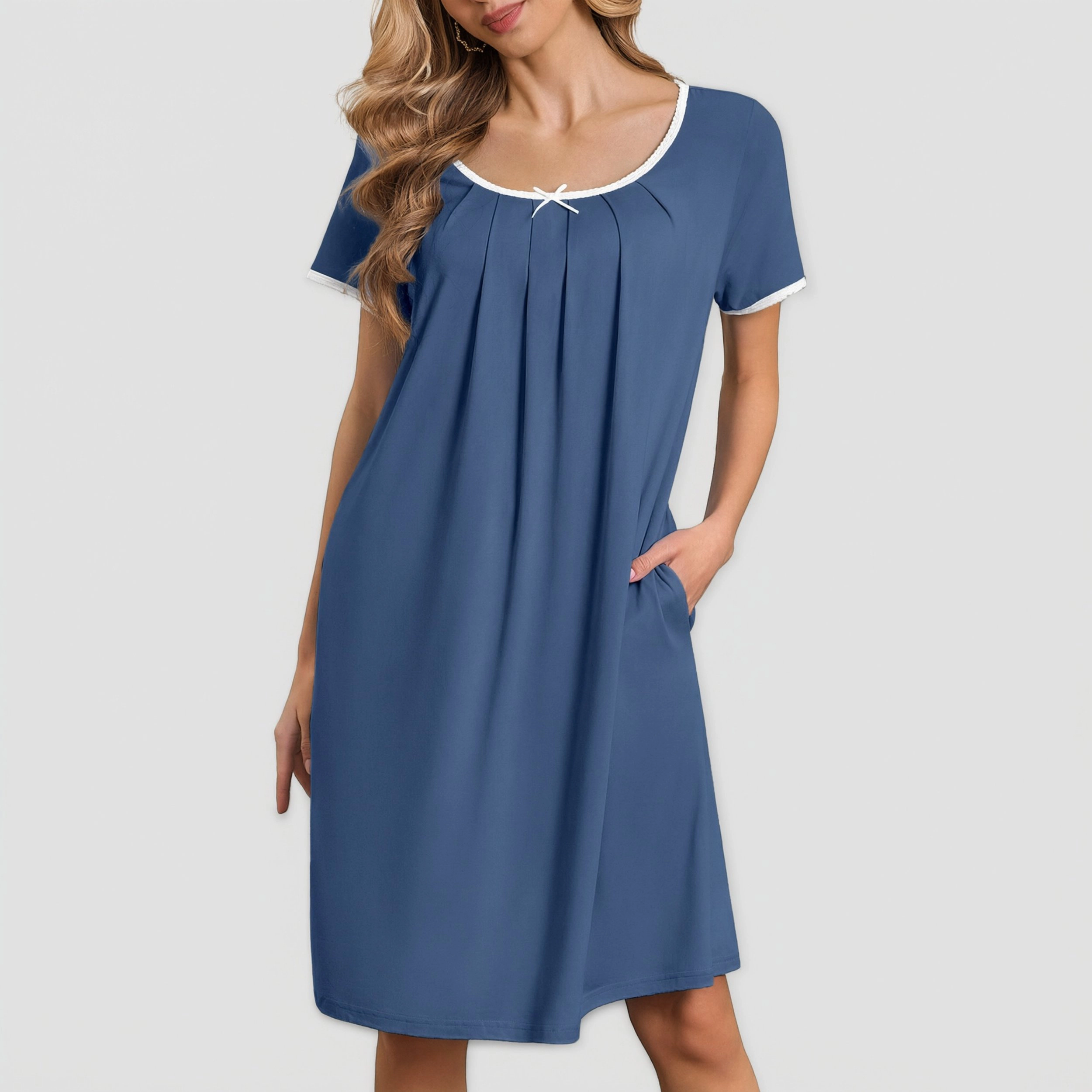 Ekouaer Nightgowns for Women Pleated Sleep Shirts Short Sleeve Lace Trim Night Gown with Pockets