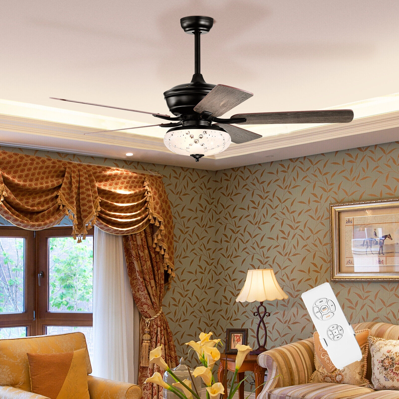 SUGIFT 52-in Retro Ceiling Fan with Remote Control 3 Wind Speeds Reversible Motor 5 Double-Faced Blades Black/Gray