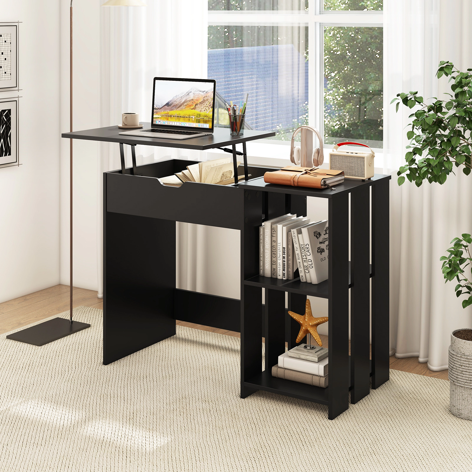 SUGIFT 39.5 in Computer Desk Black Lift Top with Hidden Compartment and Storage Shelves
