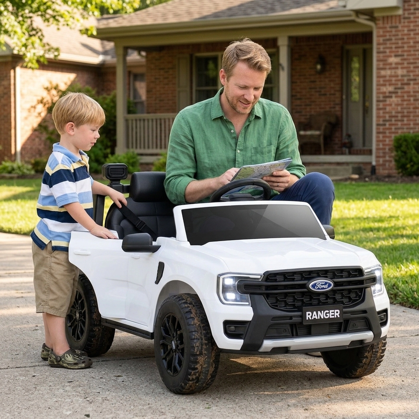 12V Kids Ride On Car Parent Remote Padded Headrest Rear Storage Basket and Lockable Doors for Ages 3-6 Electric Truck