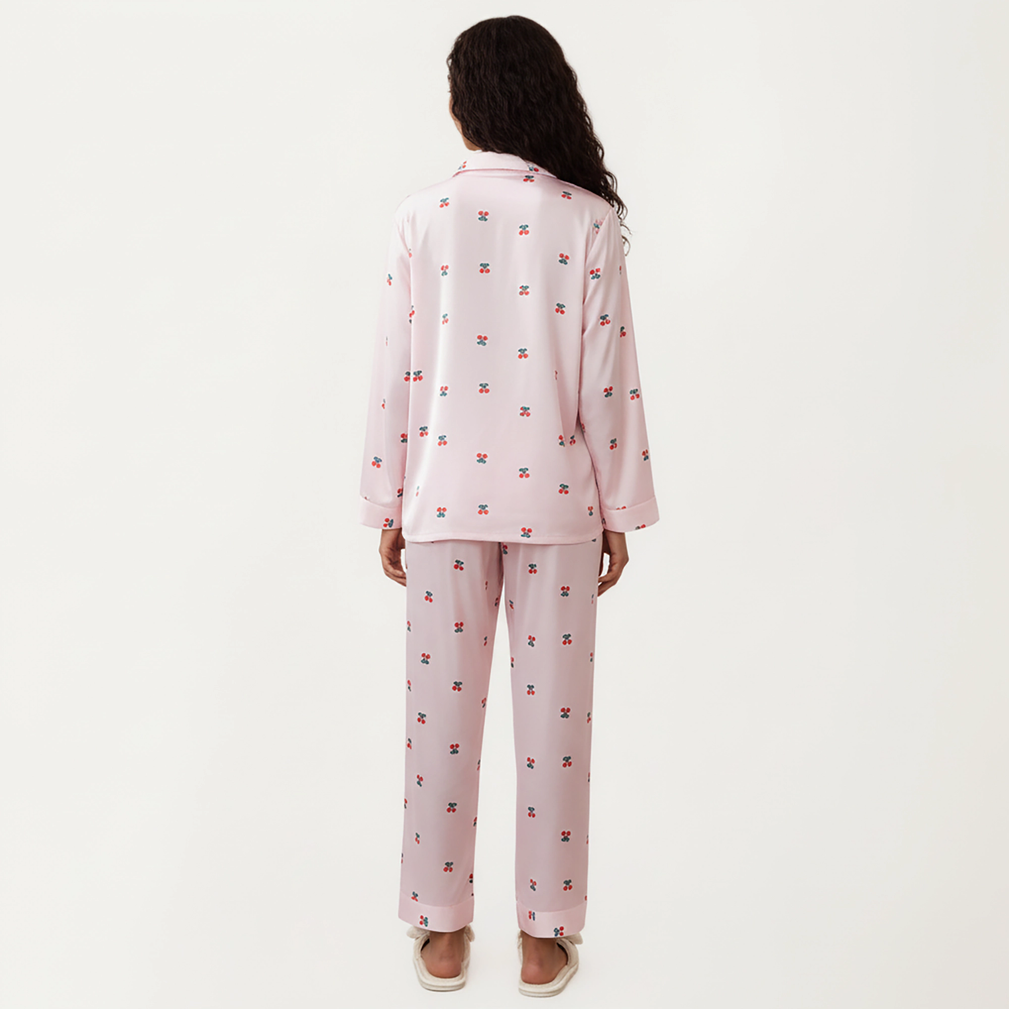 Anna-Kaci Women's Satin Long Sleeve Pajama Set with Mini Bow Print Button Up Top and Chest Pocket