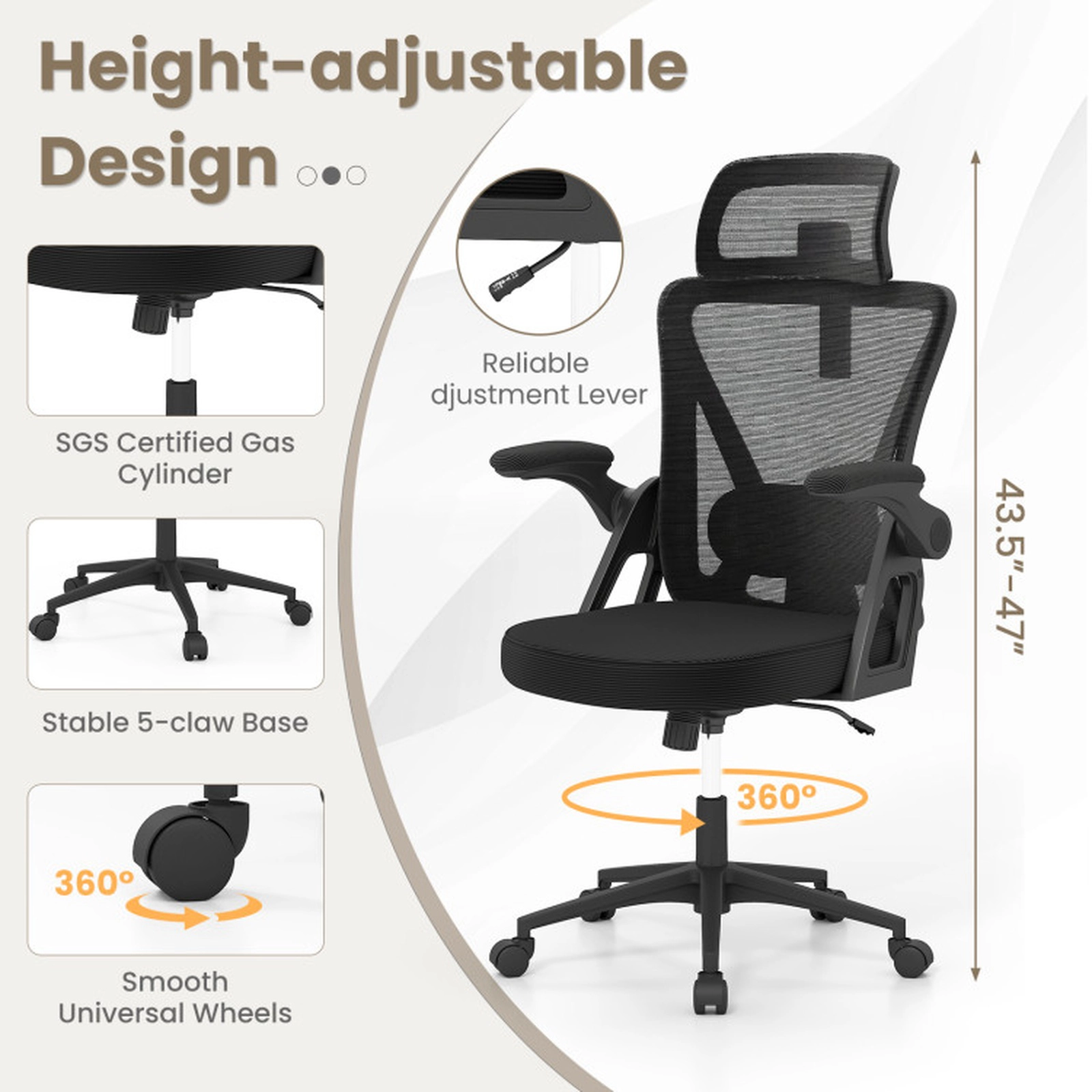 SUGIFT 350-lb Capacity Black Breathable Mesh Ergonomic Desk Chair with Adjustable Lumbar Support and 2D Headrest