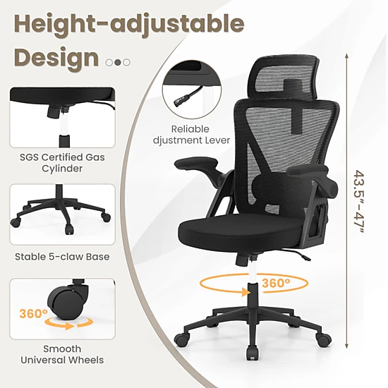 SUGIFT 350-lb Capacity Black Breathable Mesh Ergonomic Desk Chair with Adjustable Lumbar Support and 2D Headrest