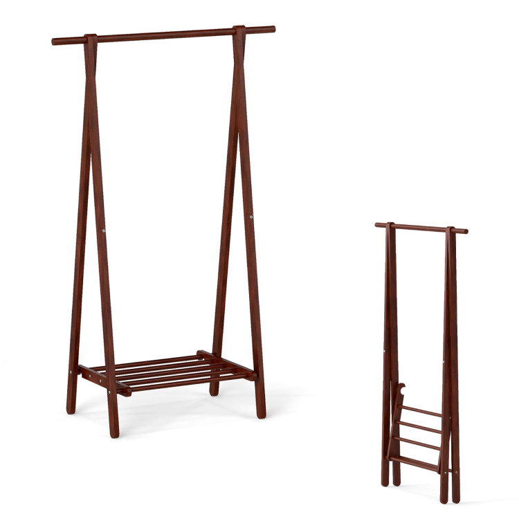 Hivvago Folding Rubber Wood Clothes Hanging Rack Standing Garment Rack With Bottom Storage Shelf