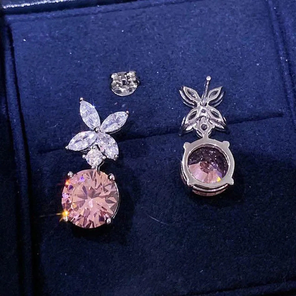 Sweet Pink Zirconia Flower Drop Earrings for Women