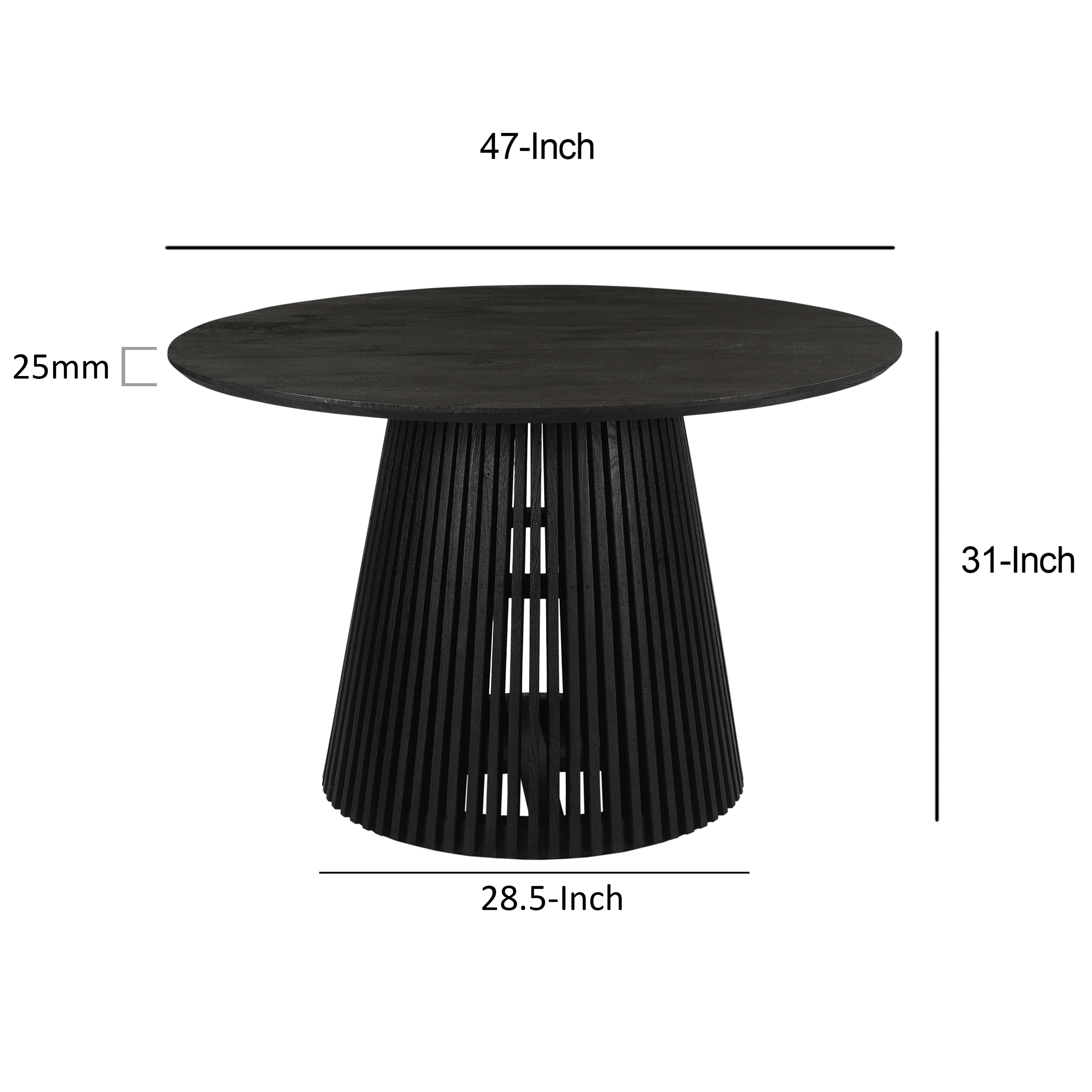 The Urban Port Ridge 47 Inch Handcrafted Mango Wood Round Dining Table, Slatted Flared Base, Black