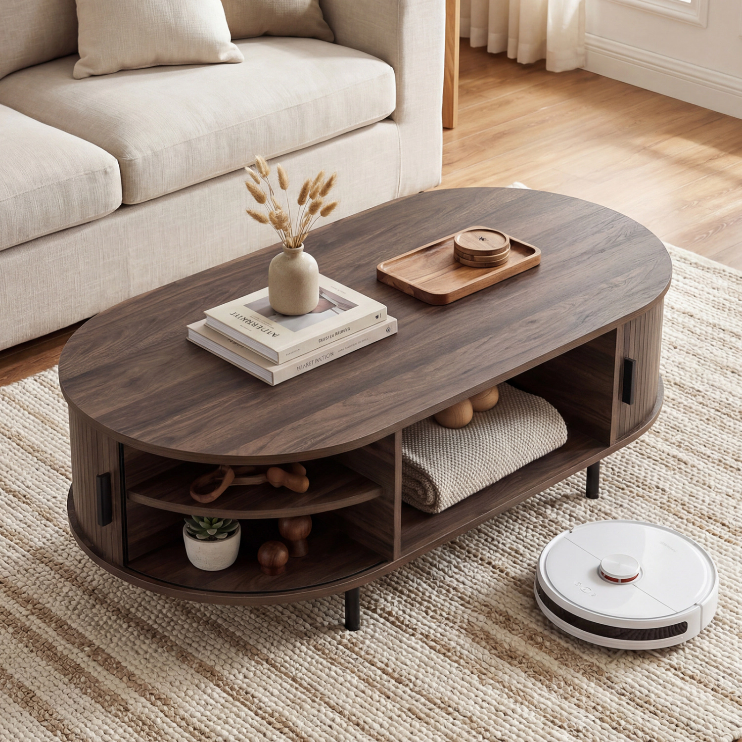 LJG Oval Coffee Table 47.5inch Wooden Center Table with Storage