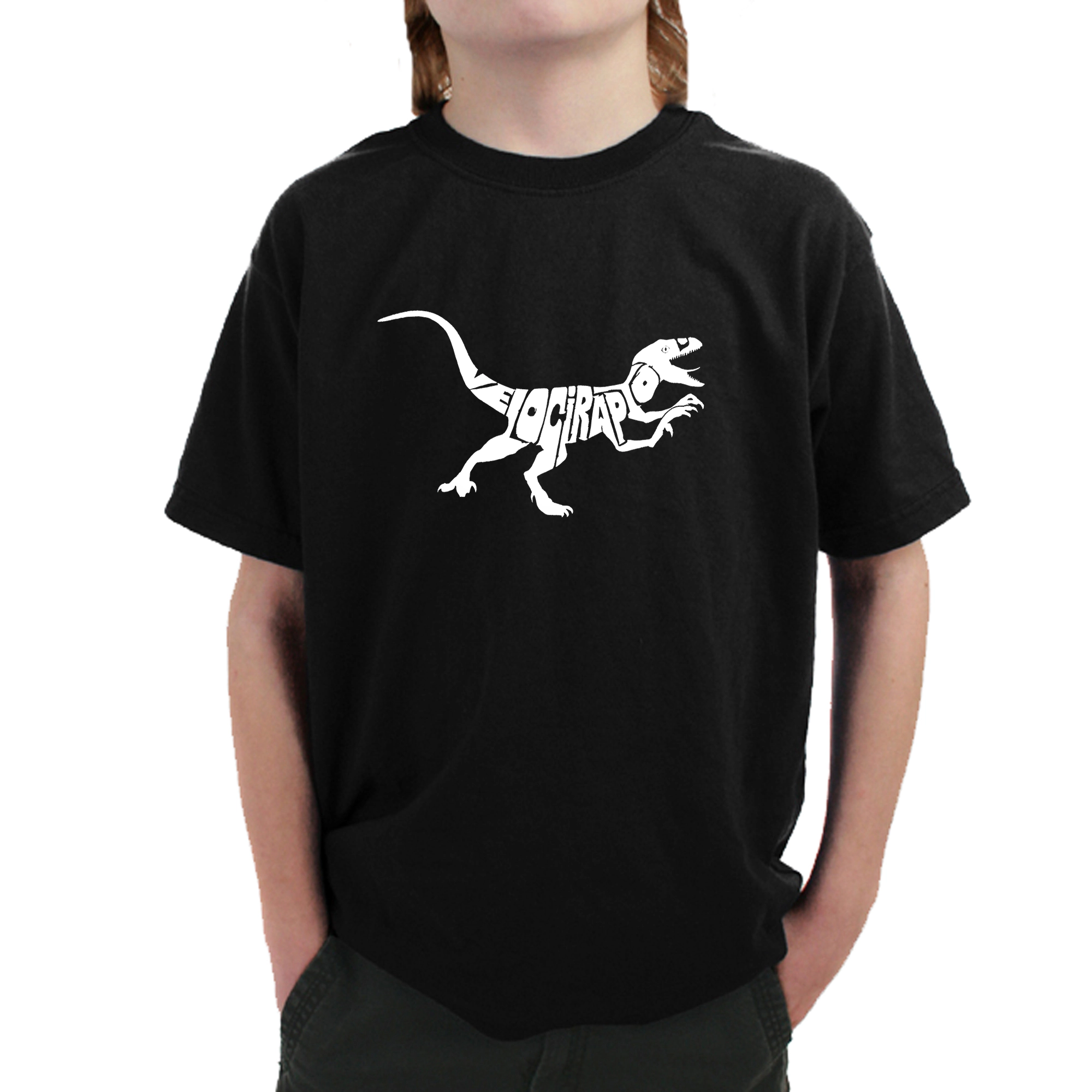 LA Pop Art Boy's Word T-Shirt - Velociraptor