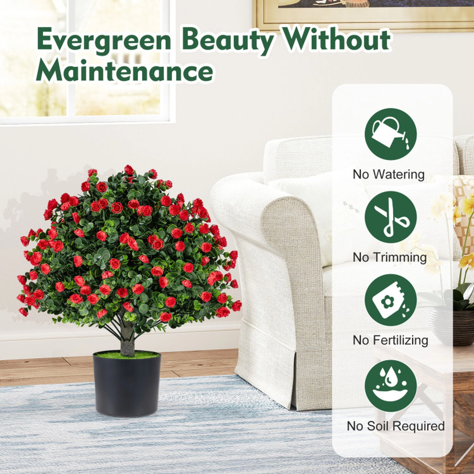 SUGIFT Set of 2 20-in Artificial Red Rose Topiary Ball Trees with Faux Grass and Cement-Filled Pots
