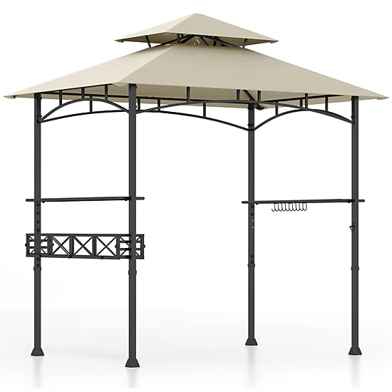 SUGIFT 2 Side Shelves 10 Hooks and Storage Basket 8 x 5 ft Outdoor Grill Gazebo