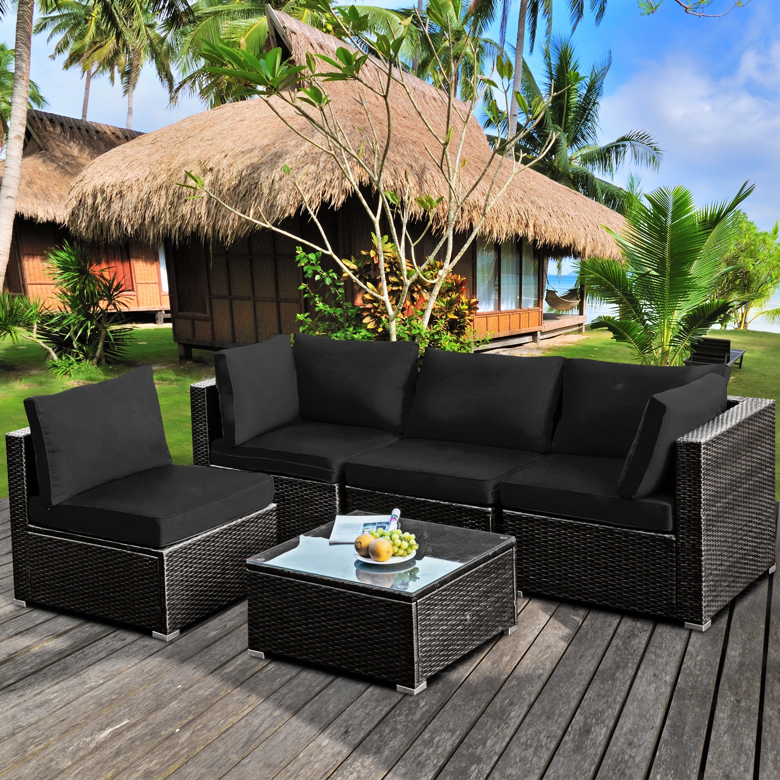 Hivvago 5 Pieces Cushioned Patio Rattan Furniture Set With Glass Table