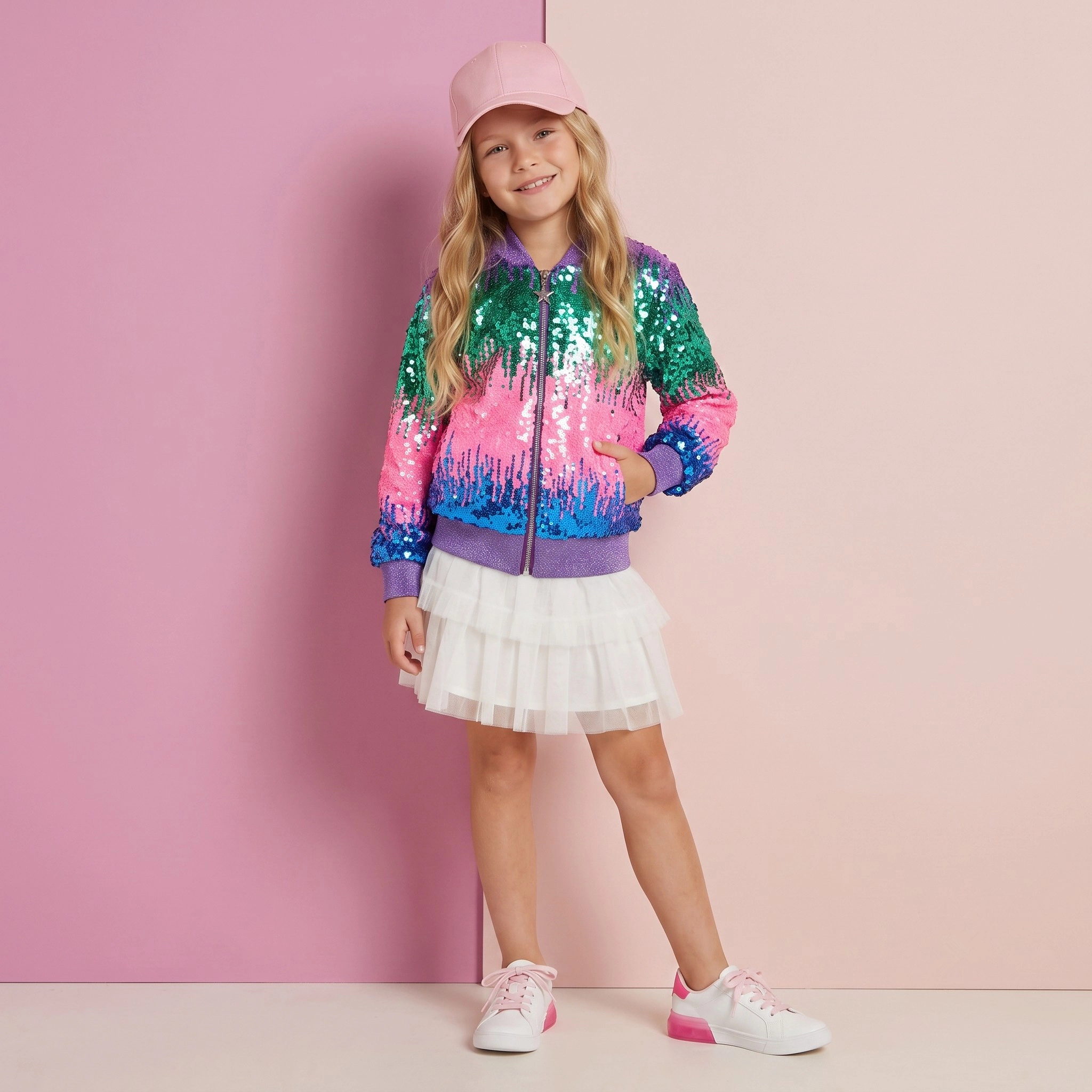 2Bunnies Girls' Aurora Gradient Sequin Holiday Party Bomber Jacket