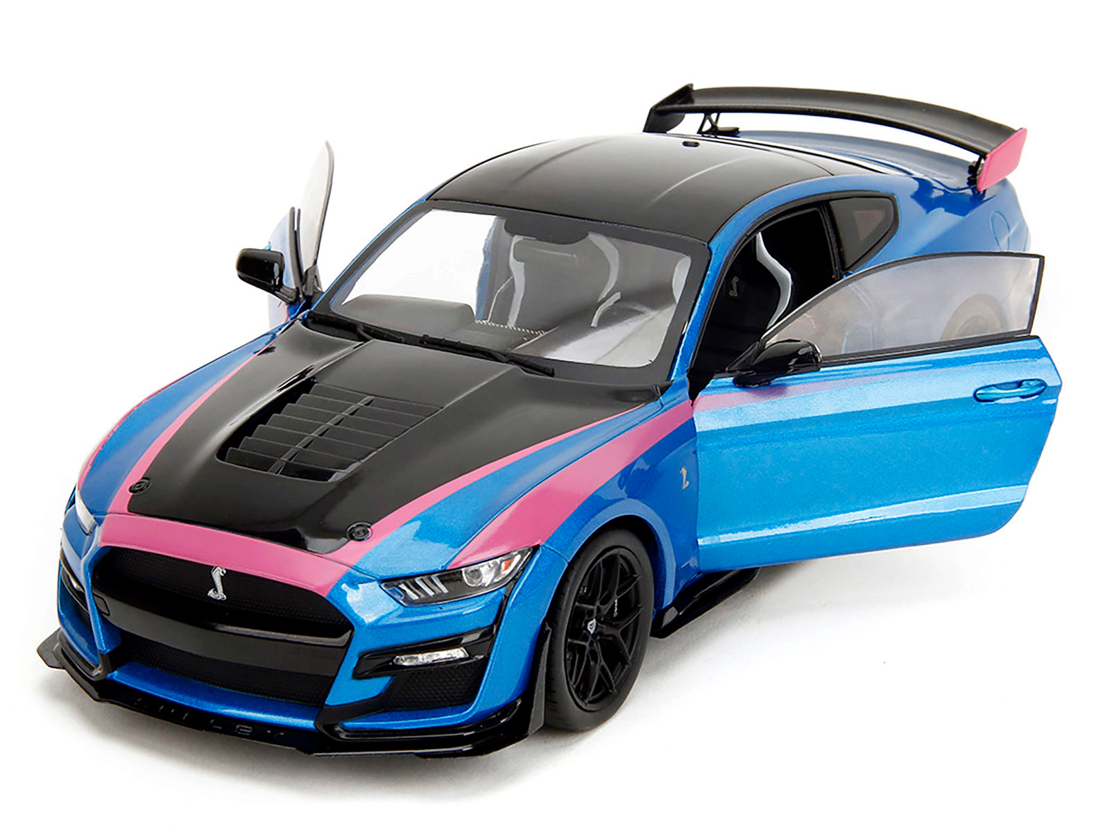 Jada Ford Mustang Shelby Gt500 Blue Metallic With Pink Stripes And Black Hood And Top "Pink Slips" Series 1/18