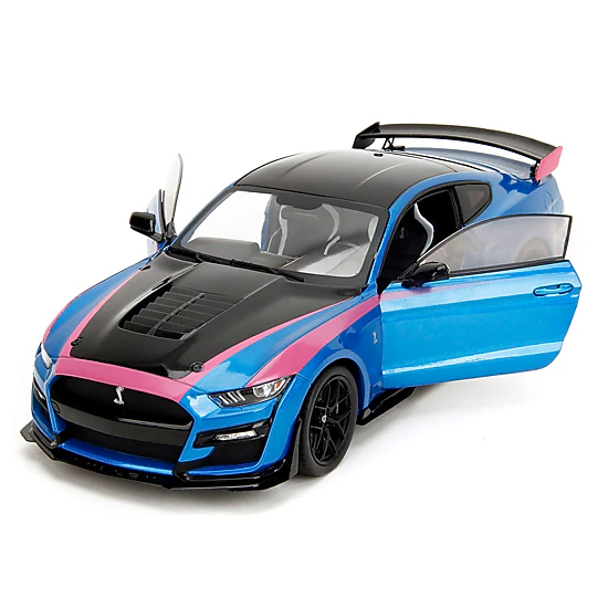 Jada Collectible Ford Mustang Shelby Gt500 Blue Metallic With Pink Stripes And Black Hood Top Slips" Series 1/18