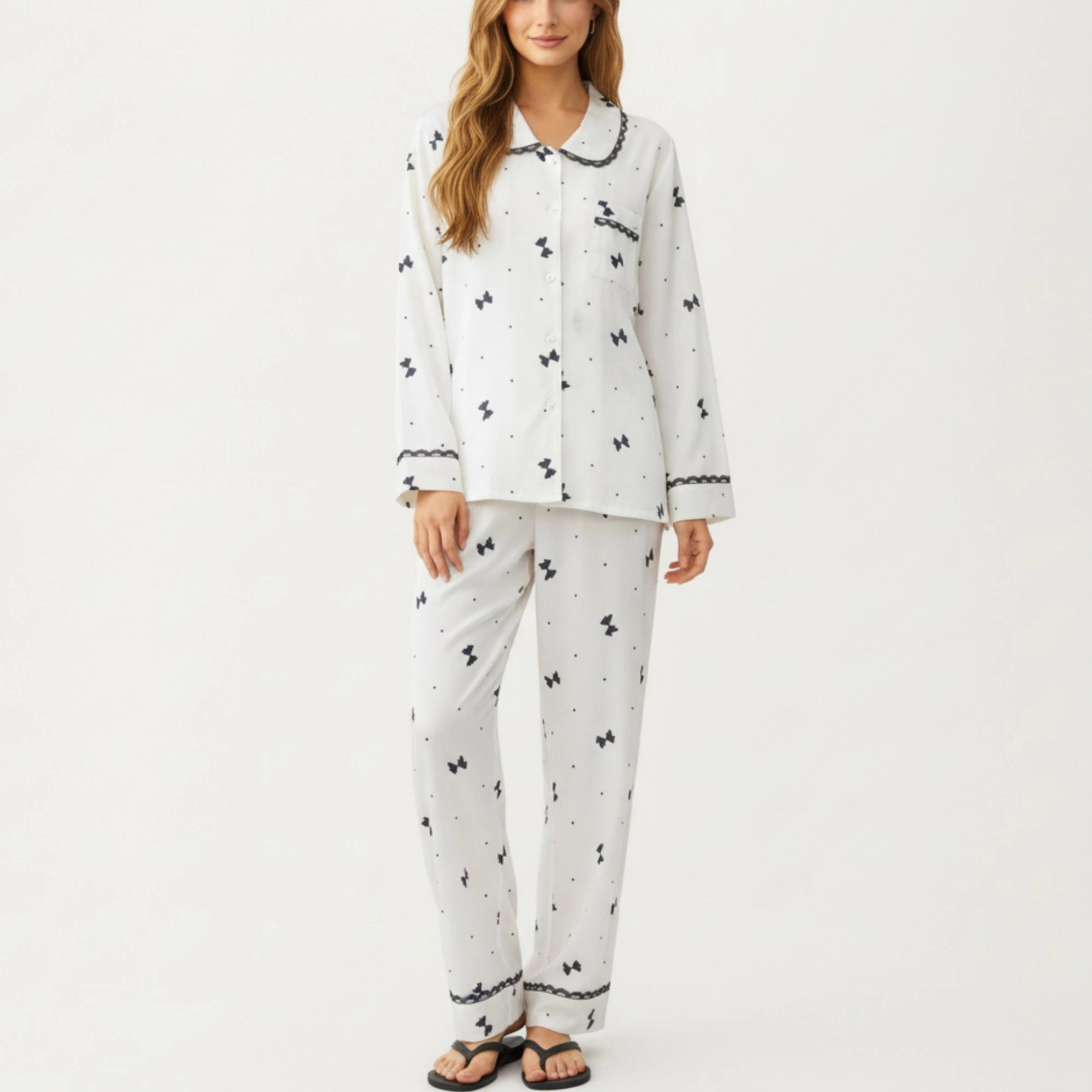 Anna-Kaci Women's 2-Piece Printed Button Front Pajama Top Contrast Trim and Matching Relaxed Fit Elastic Waist Pants