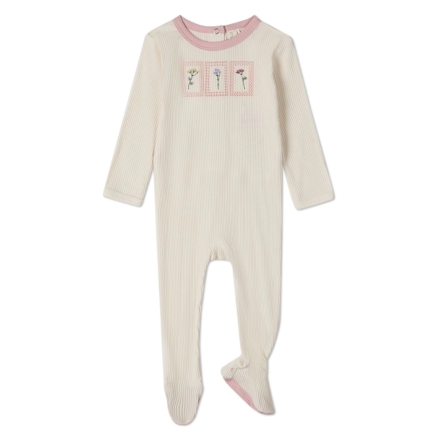 MeMoi Baby Girls "Framed Florals" Ribbed Cotton-Blend Embroidered Footie