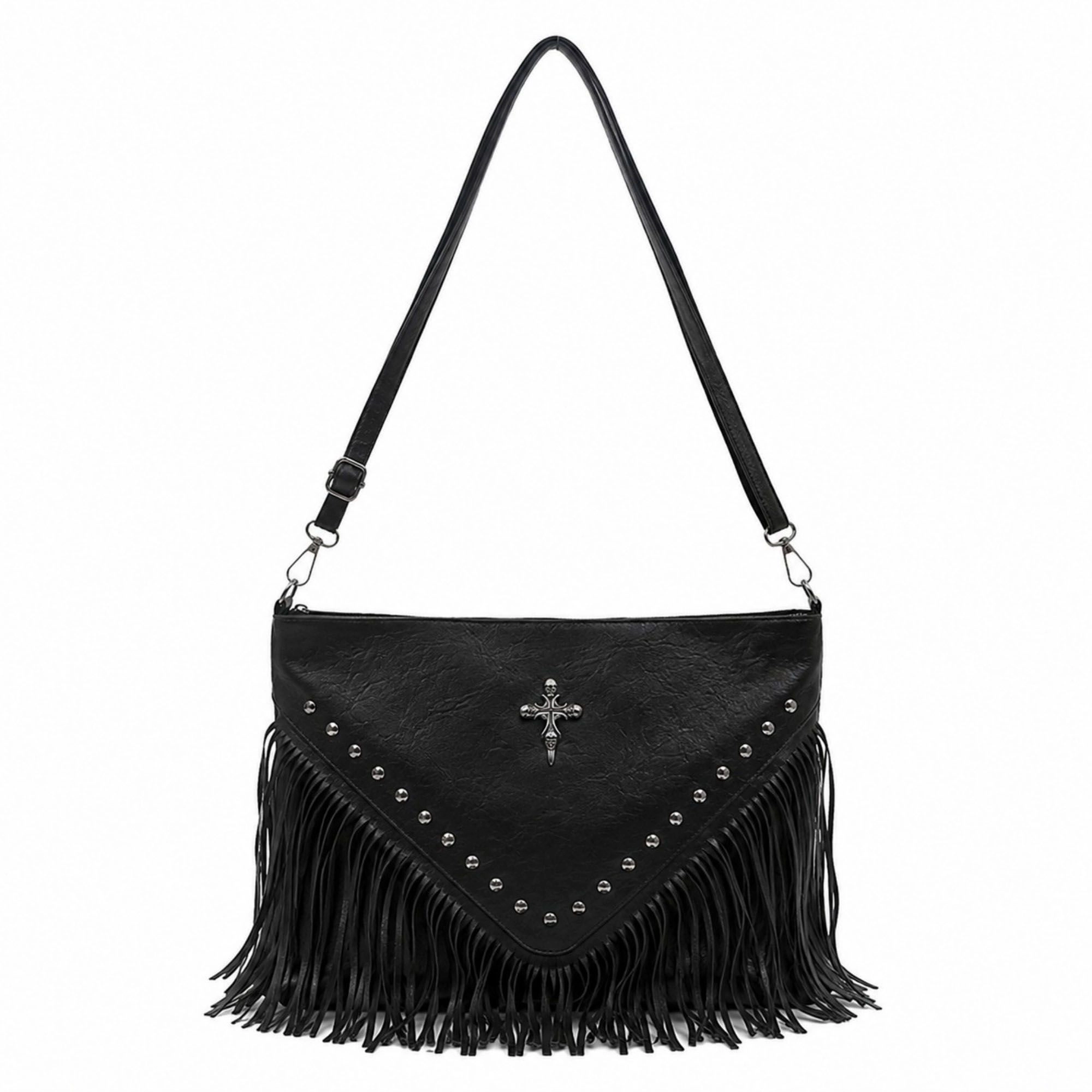 Alilang Women's Studded Fringe Shoulder Bag with Adjustable Strap and Zip Closure
