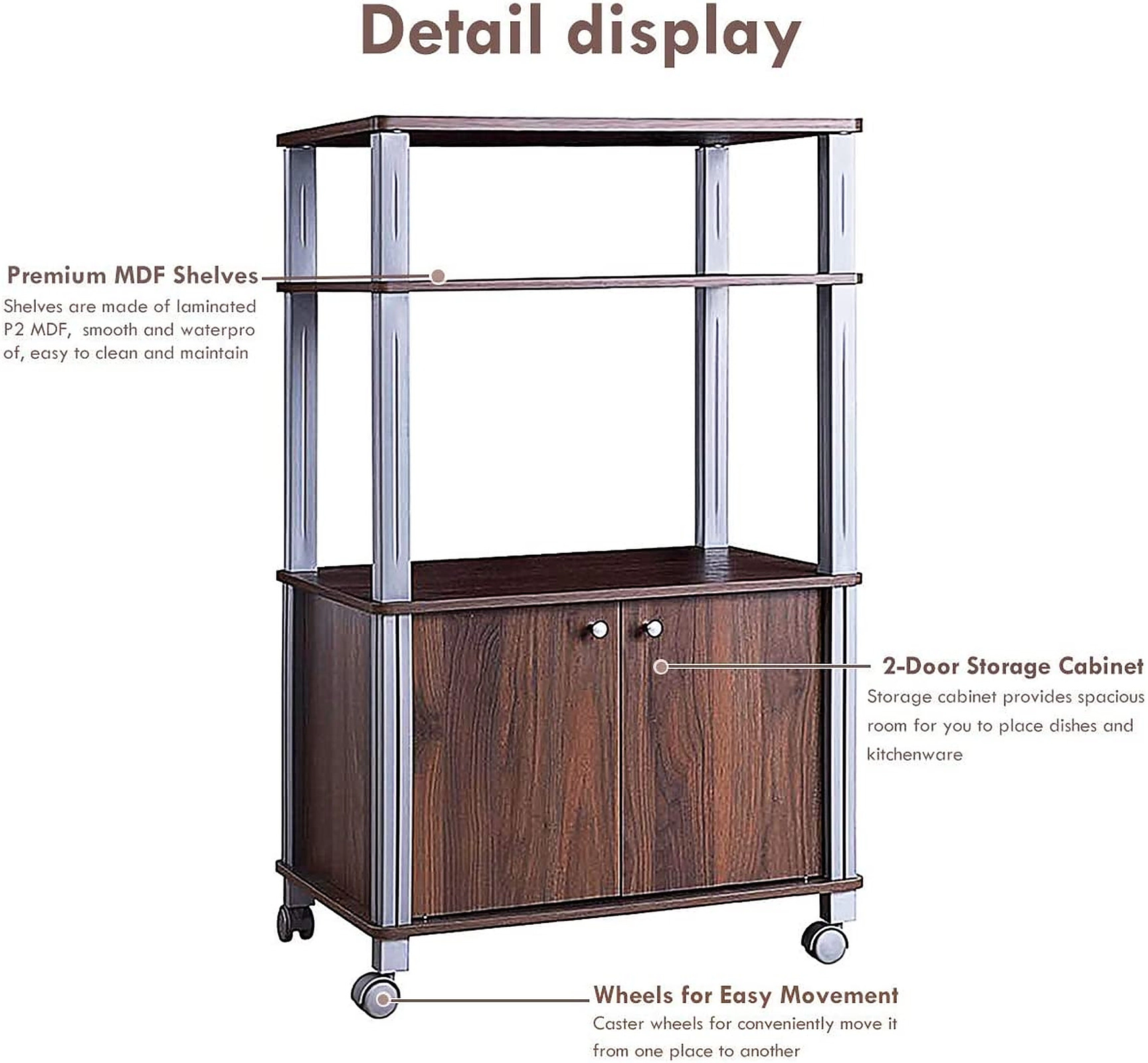 SUGIFT Walnut Rolling Kitchen Cart Microwave Rack Stand with 2-Door Cabinet 23.5-in W 15.5-in D 38.5-in H