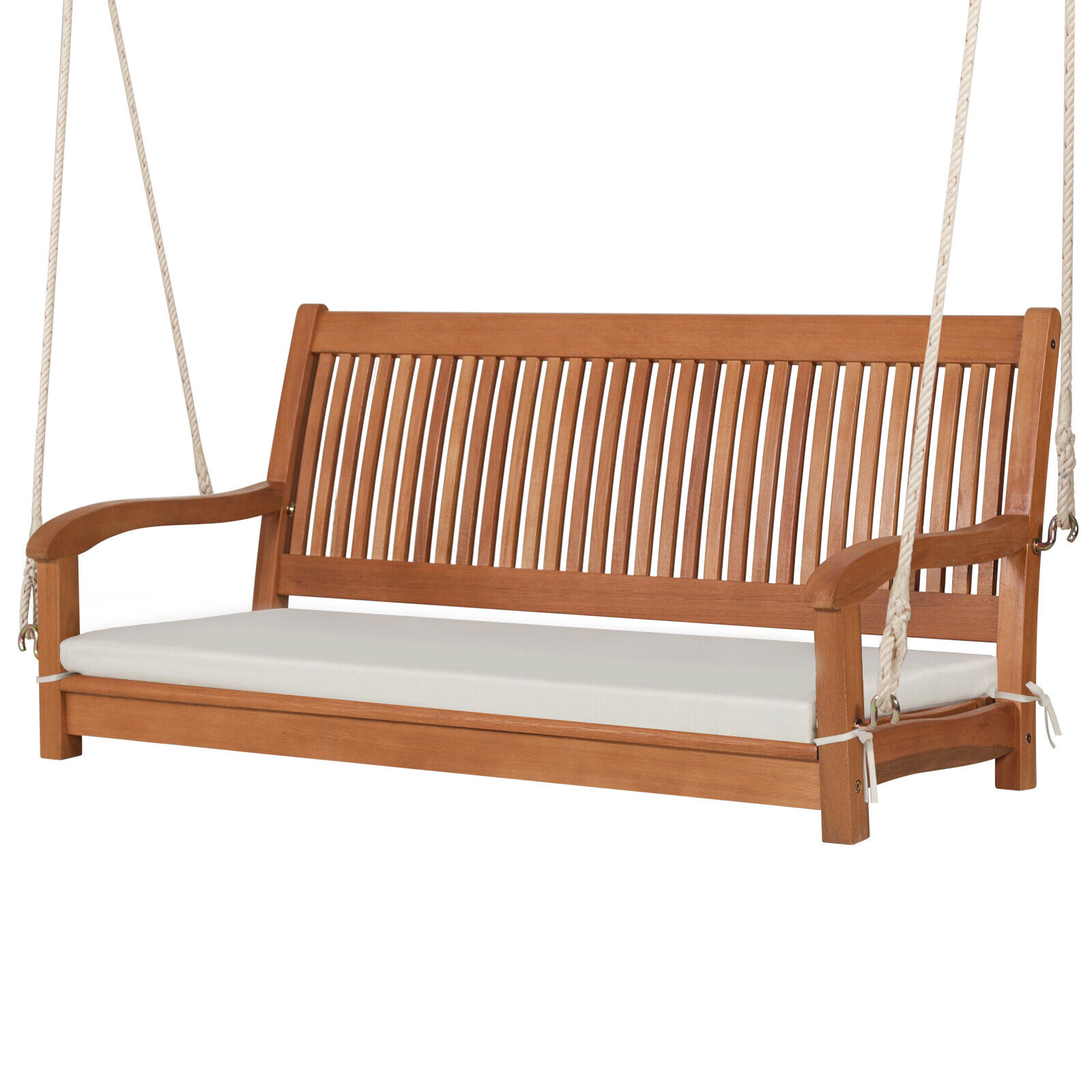 SUGIFT 800-lb 2-Person Eucalyptus Wood Porch Swing Bench with Cushion and Hemp Ropes