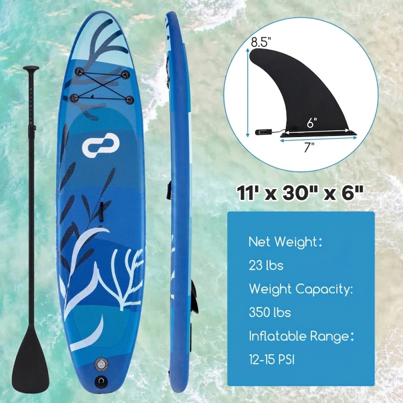 SUGIFT 11-ft 350-lb Capacity Inflatable Stand Up Paddle Board with Triple Fins Hand Pump and Backpack